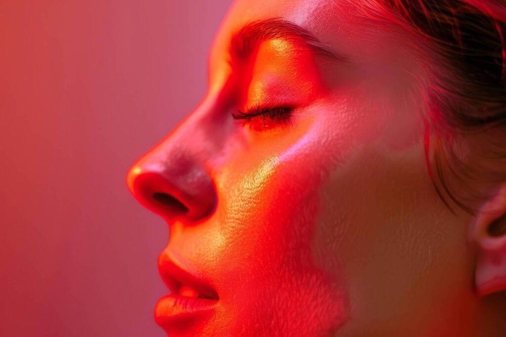 woman with red light glow on skin